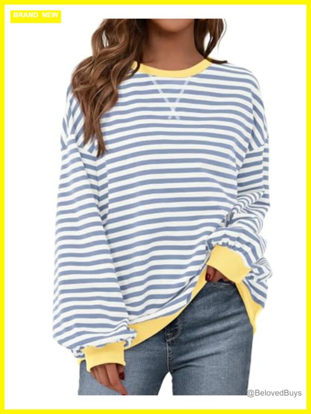 Oversized Striped Crewneck Sweatshirt Lantern Sleeve Loose Fit Pullover